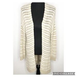 Soft Surroundings tan cream striped knit open front long cardigan sweater Small